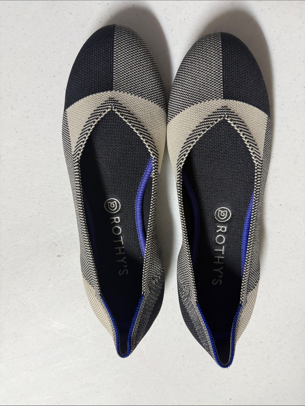 Rothy's Black and Cream Pointed Knit Ballet Flats